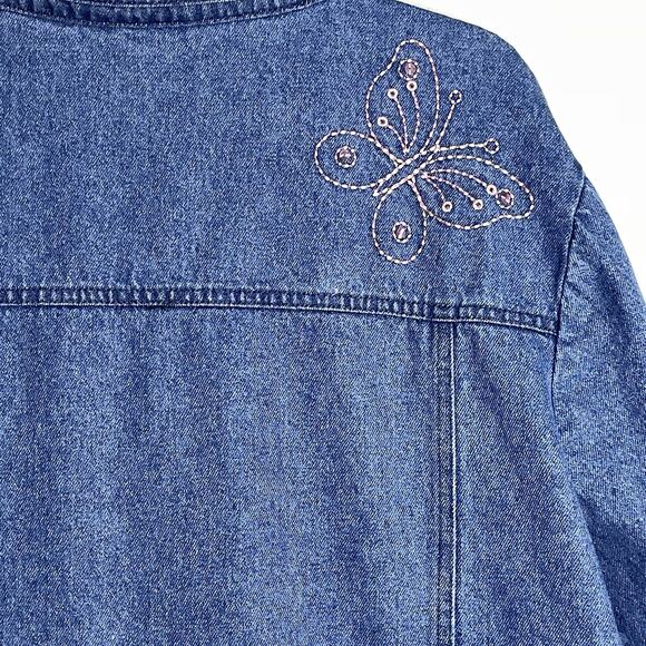 Vintage Denim Womens XL Jacket Pink Embroidered Flowers Butterflies Toffee Apple - Picture 7 of 10